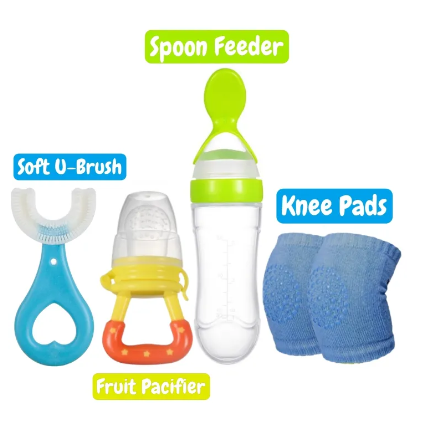 Baby Silicone Spoon Feeder + Fruit Pacifier + Knee Pads + U Shape Brush