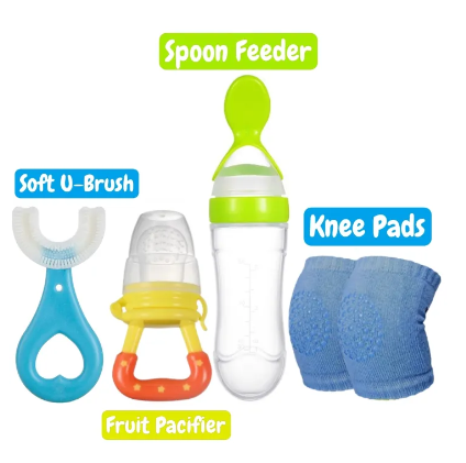 Pack of 4 | Baby Silicone Spoon Feeder + Fruit Pacifier + Knee Pads + U Shape Brush