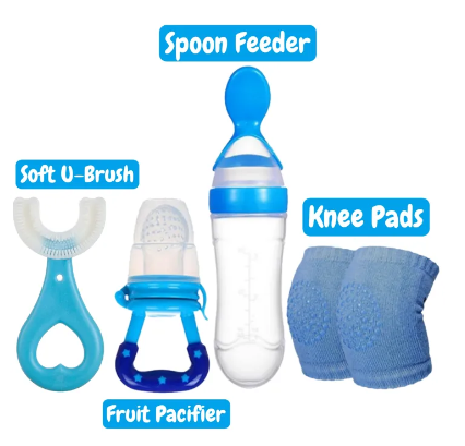 Pack of 4 | Baby Silicone Spoon Feeder + Fruit Pacifier + Knee Pads + U Shape Brush