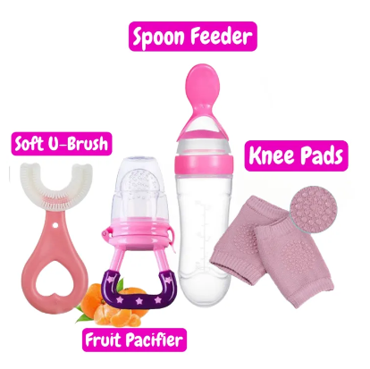 Baby Silicone Spoon Feeder + Fruit Pacifier + Knee Pads + U Shape Brush