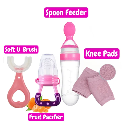 Pack of 4 | Baby Silicone Spoon Feeder + Fruit Pacifier + Knee Pads + U Shape Brush