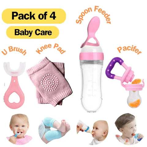 Pack of 4 | Baby Silicone Spoon Feeder + Fruit Pacifier + Knee Pads + U Shape Brush